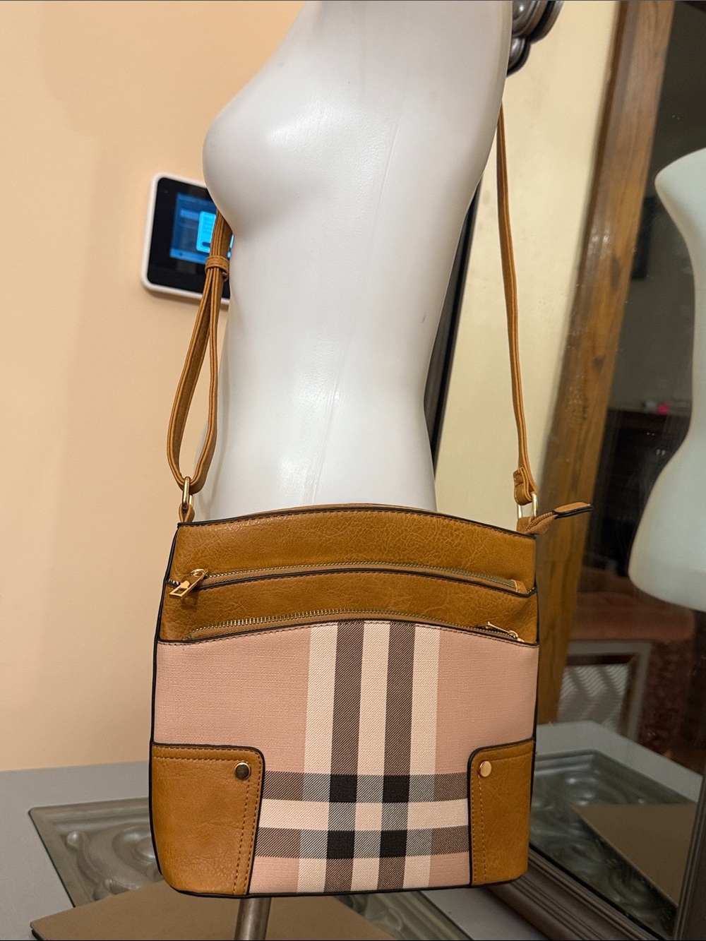 CTM Women’s Tan Adjustable Crossbody Bag Plaid Panel Faux Leather